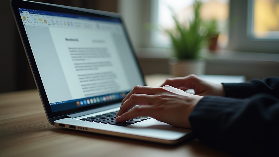 Close-up view of a person typing on a laptop keyboard with MS Word open