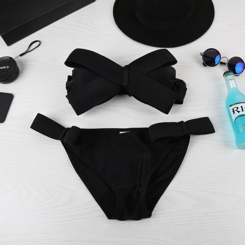 Thumbnail: Women Big Bow Bandeau Soild Swimwear Bikini Set Bathing Suit