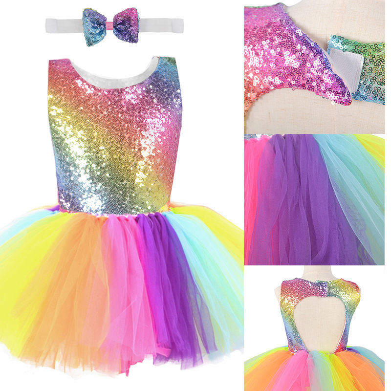 Thumbnail: Rainbow Sequins Dress Baby Girl Birthday Party Princess Dress
