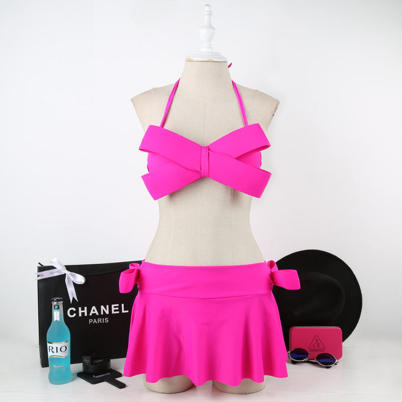 Thumbnail: Women Big Bow Bandeau Soild Swimwear Bikini Set Bathing Suit