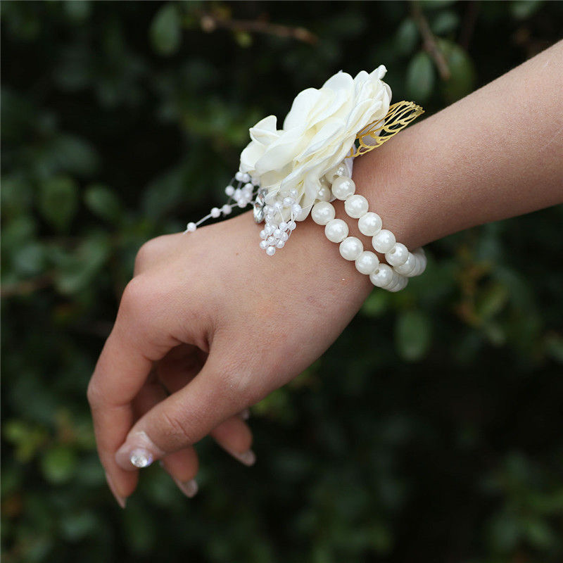 Thumbnail: 2 Pcs/Set Pearl Rose Wrist Flower Brooch Set for Wedding Party Bridesmaid Decor
