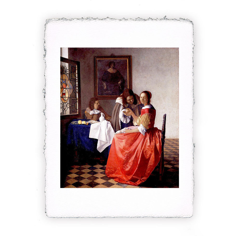 Stampa Pitteikon dell'opera di Jan Vermeer "Due gentiluomini e una fanciulla con bicchiere di vino"
