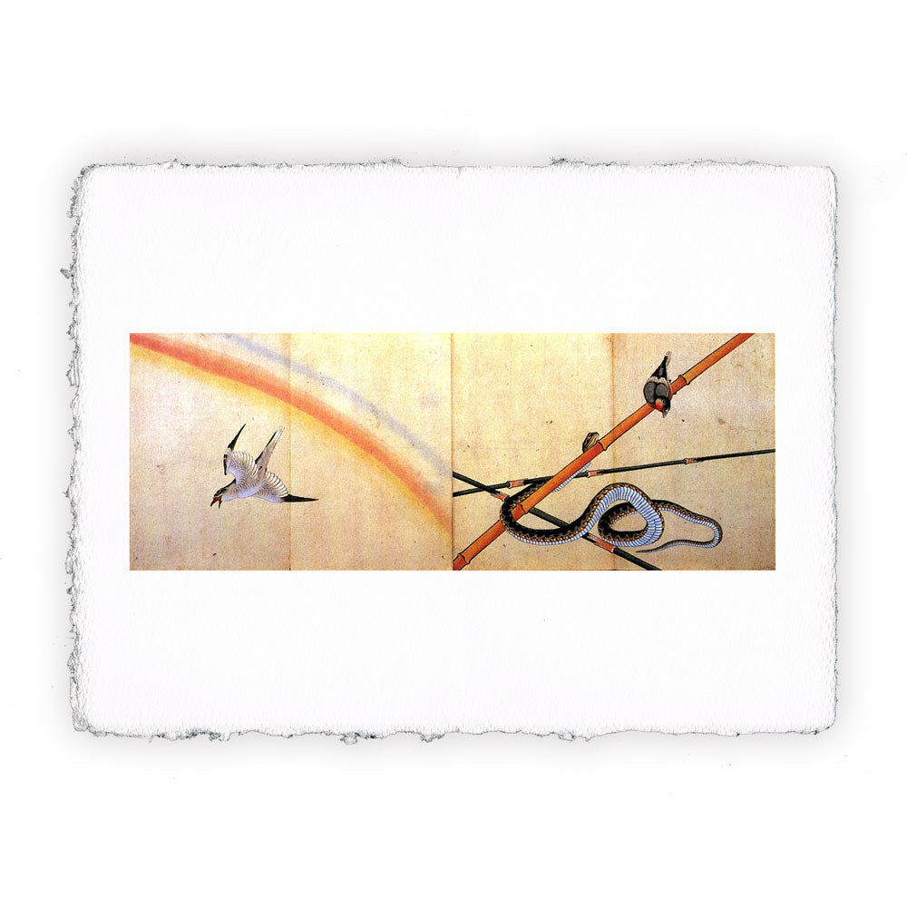 Stampa Pitteikon dell'opera di Katsushika Hokusai "Serpente intorno a un bambù con un passero"