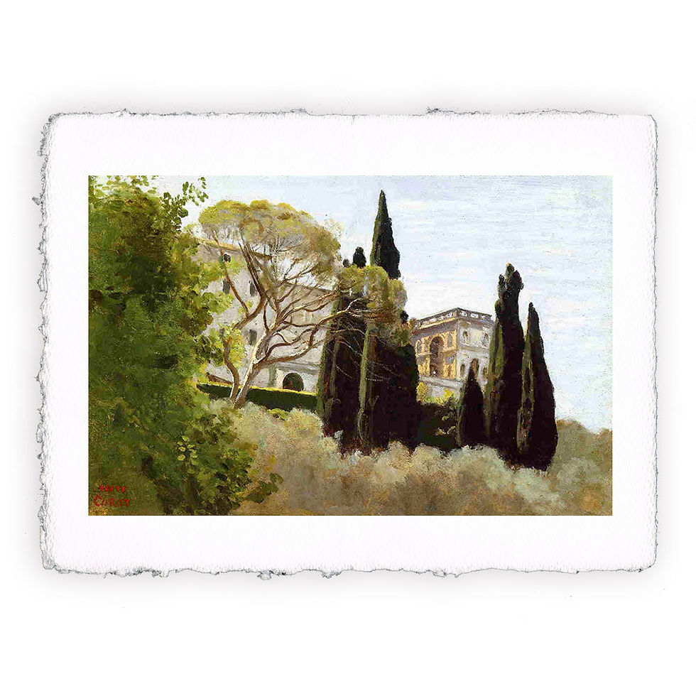 Stampa Pitteikon dell'opera di Camille Corot "La facciata di Villa d'Este a Tivoli vista dal giardino"