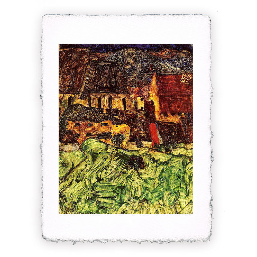 Stampa Pitteikon dell'opera di Egon Schiele "Prato chiesa e case"
