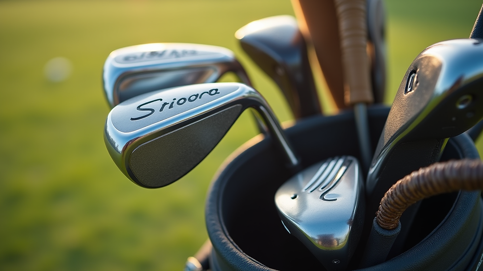 Close-up view of a golf bag filled with essential golfing accessories