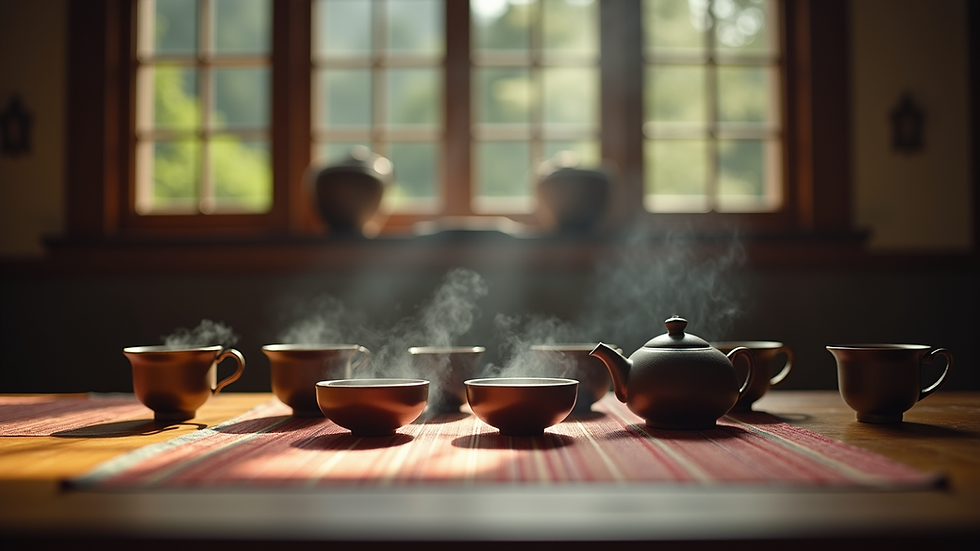 Eye-level view of a traditional Chinese tea ceremony setup