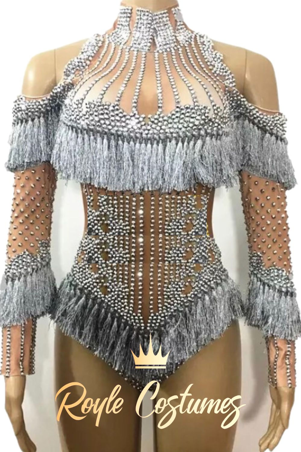 Silver Rhinestone Tassel Leotard for Dance Costume