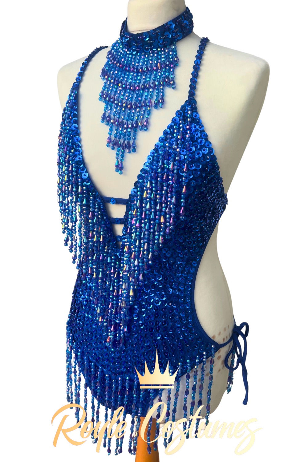 Royal blue sequin showgirl leotard front view UK sizes 6-14