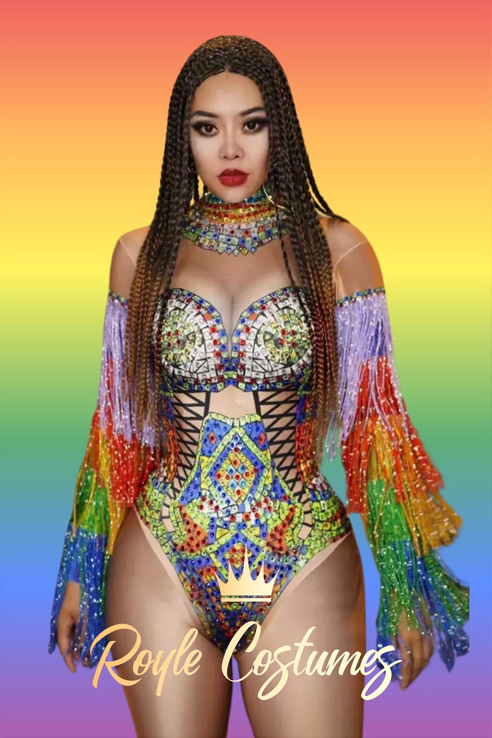 Female performer wear rainbow lycra rhinestone leotard with tassels for LGBTQ+ costume and pride events