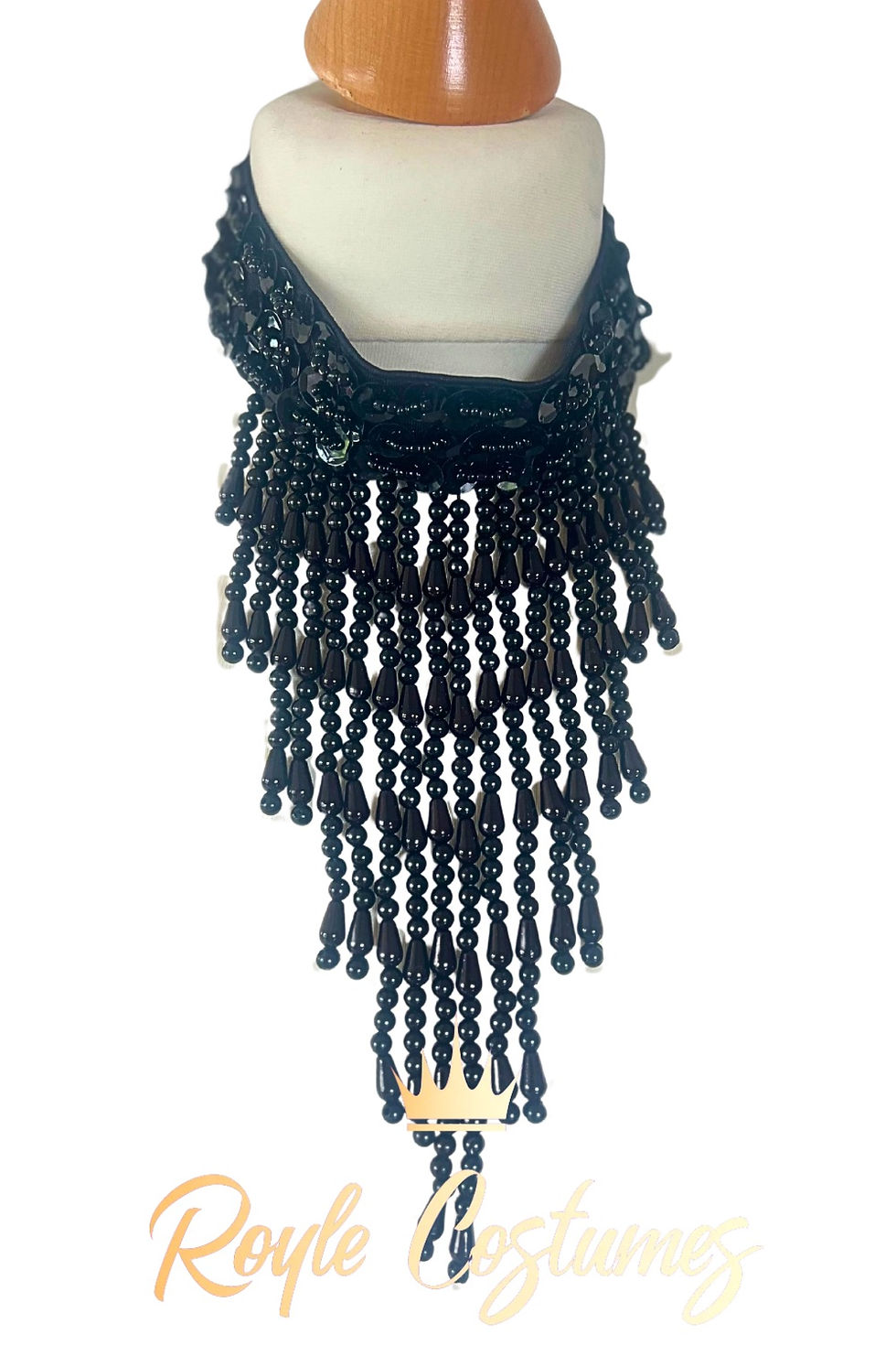 Black sequin and beaded tassel choker necklace front view showgirl accessory