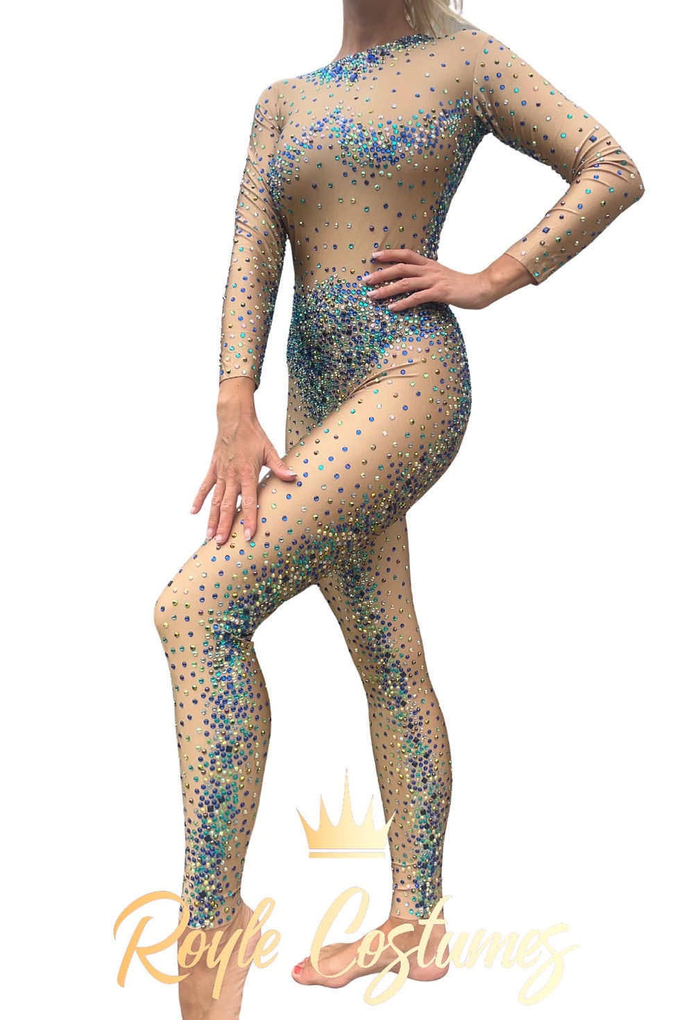 Thumbnail: Aerial Catsuit Costume: Blue Rhinestone Mesh Stretch Nude Unitard