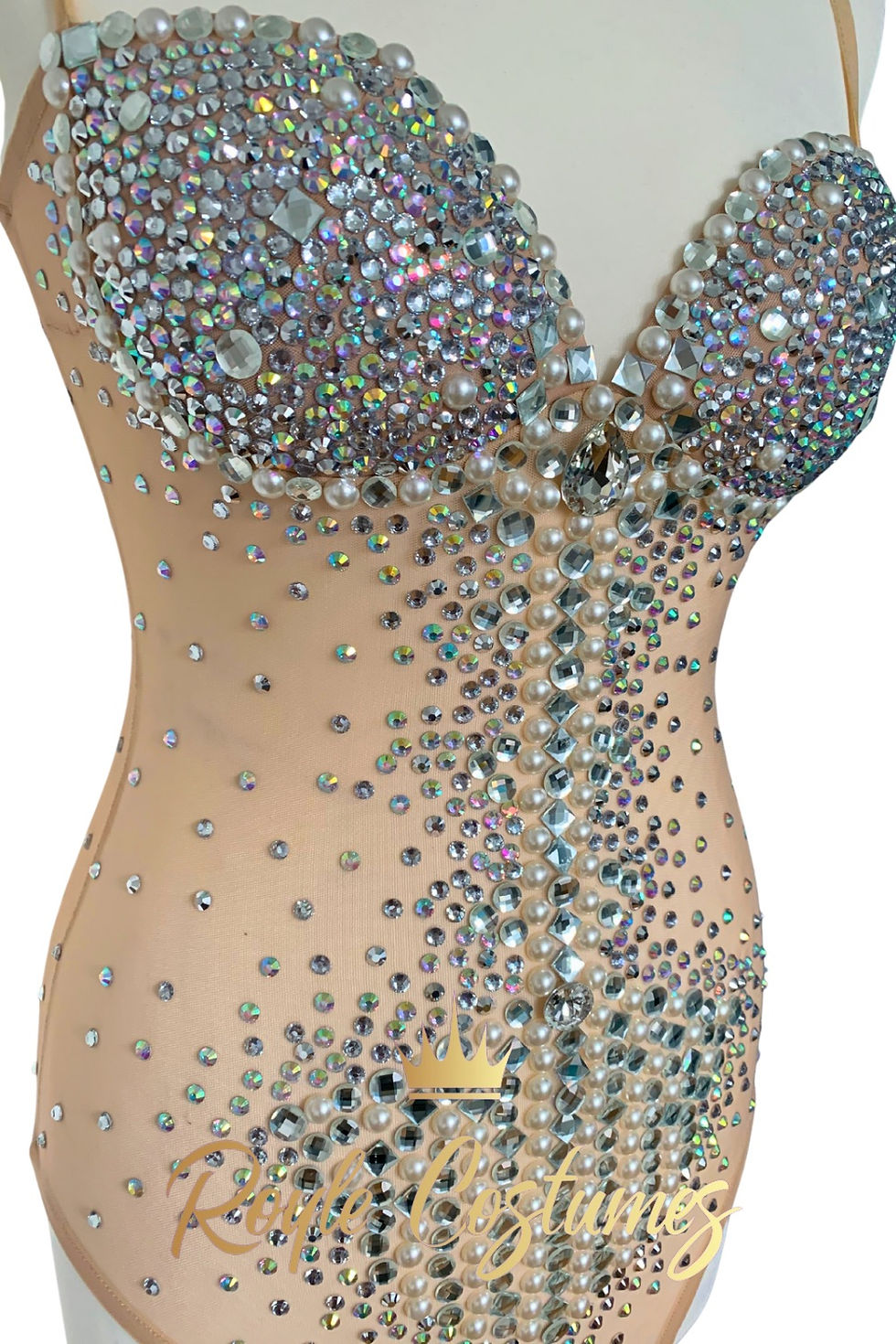 Thumbnail: Burlesque Costume Rhinestone Leotard in Sheer Nude with Pearls