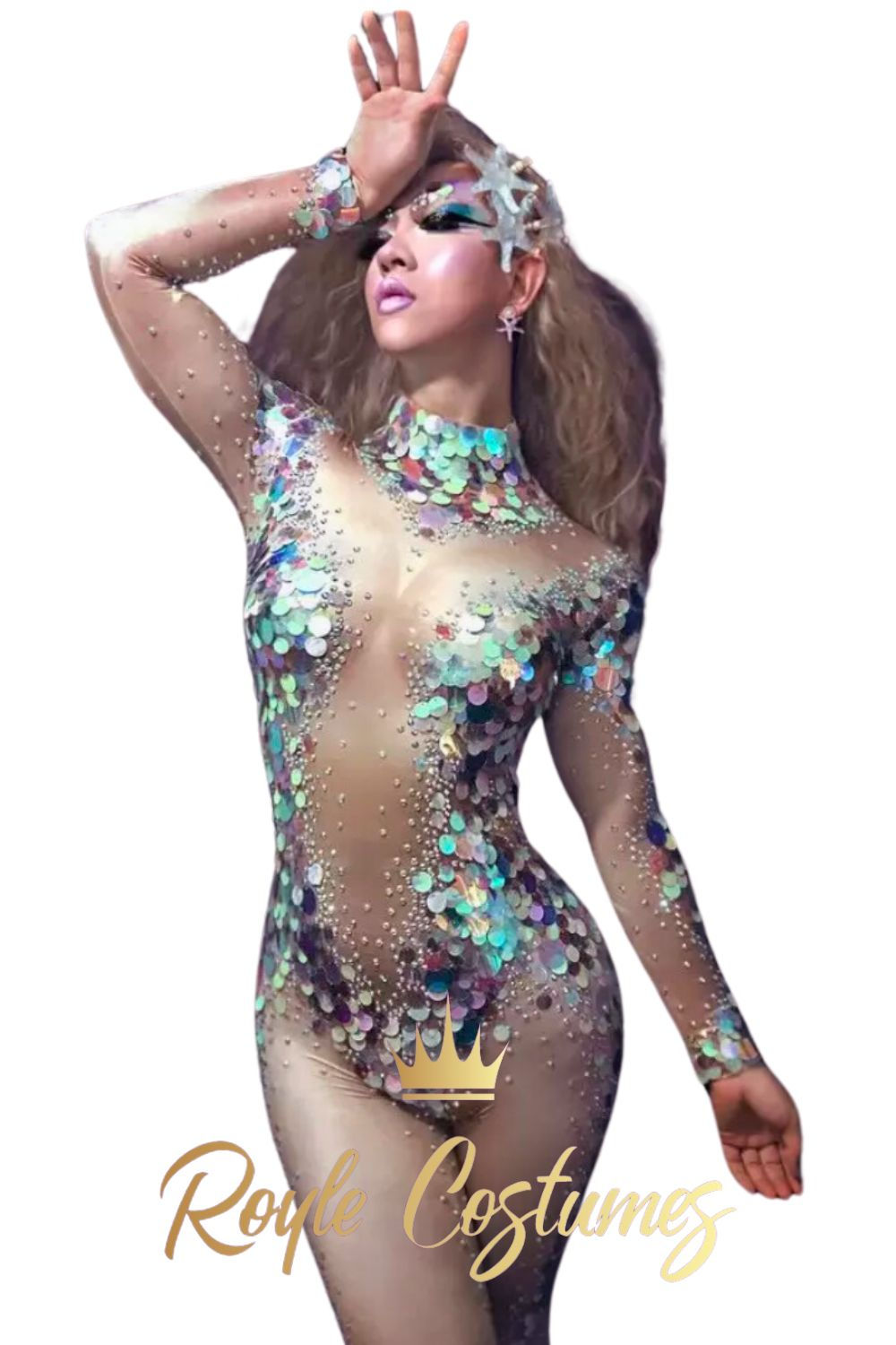 Mermaid Nude Leotard Catsuit with Iridescent Sequin Rhinestones - Front View