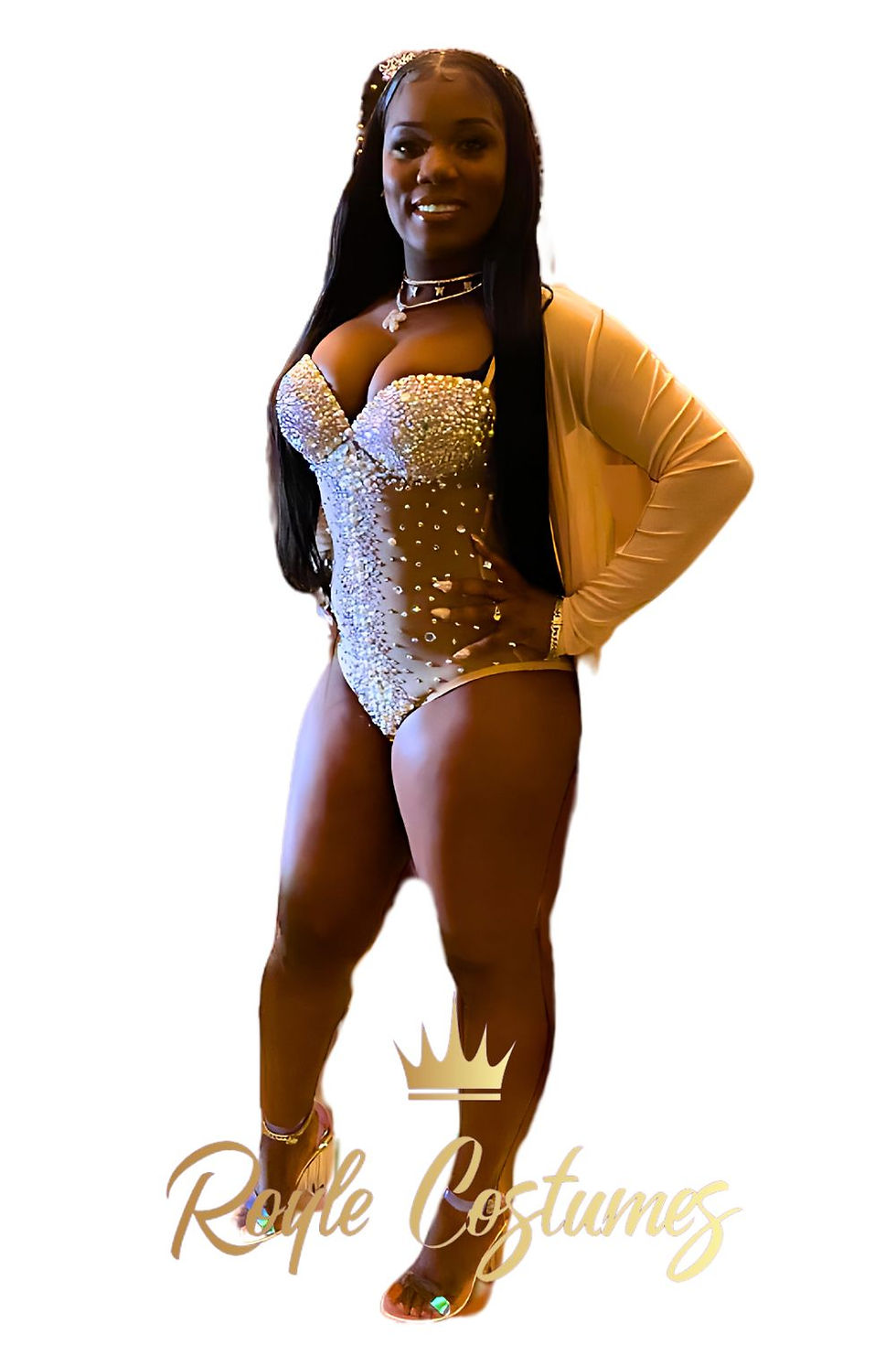 Thumbnail: Burlesque Costume Rhinestone Leotard in Sheer Nude with Pearls