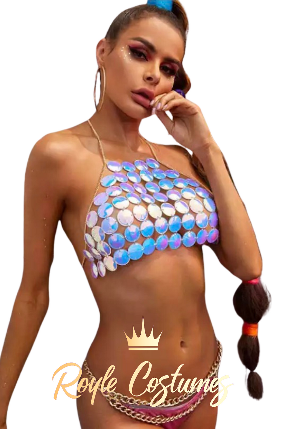 Thumbnail: Blue Mermaid Iridescent Festival Body Chain Mermaid with Holographic Discs