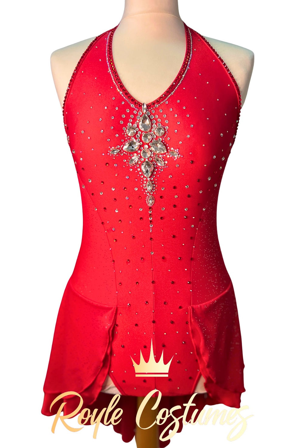 Thumbnail: Red Lycra Stretch Rhinestone Leotard with Double Layer Skirt for Aerial Costume