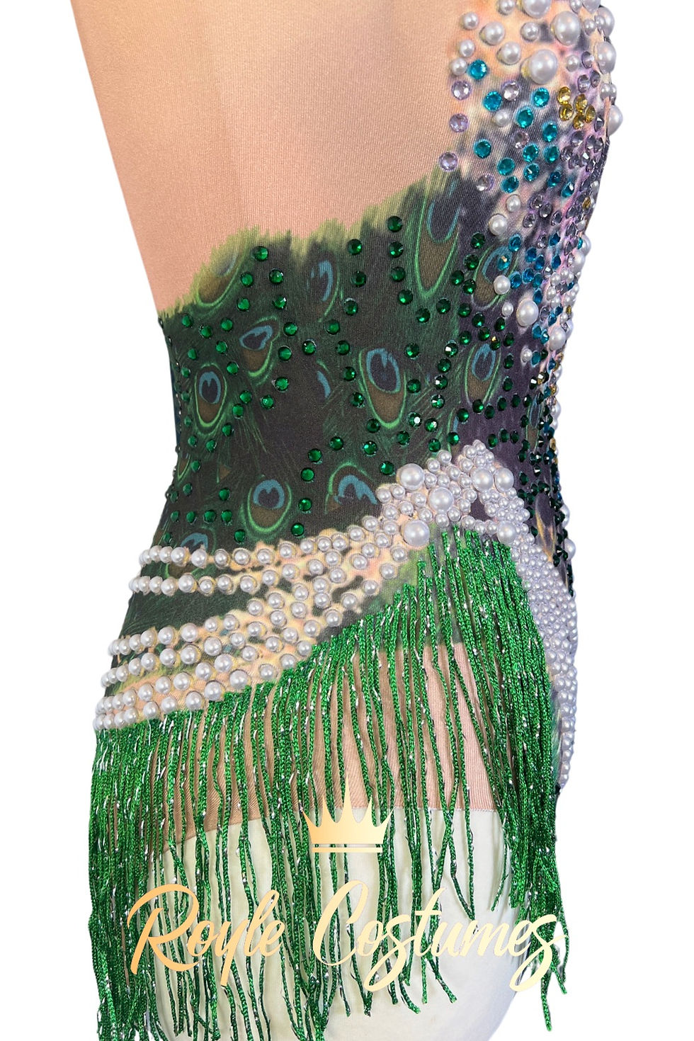 Thumbnail: Peacock Green Rhinestone Bodysuit with Tassels for Dance Costume