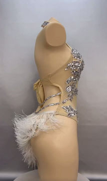 Thumbnail: White & Silver Rhinestone Leotard for Burlesque Performers with Feather Bustle