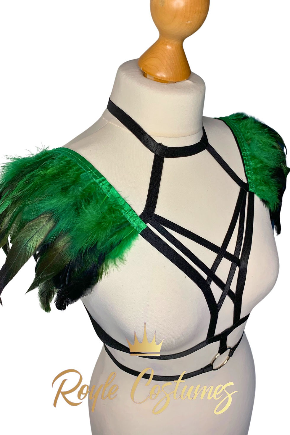 Thumbnail: Black Feather Body Harness with gold hoop accents and green additional feather trim