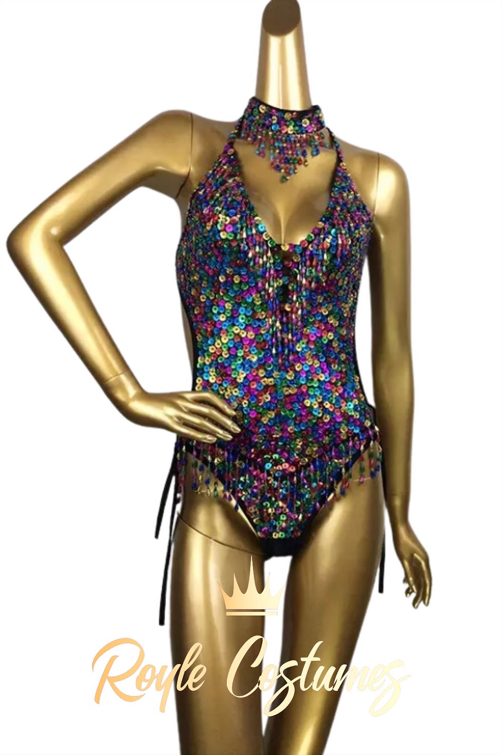 Mannequin wearing a sequin leotard with beaded tassels full of colourful sequins