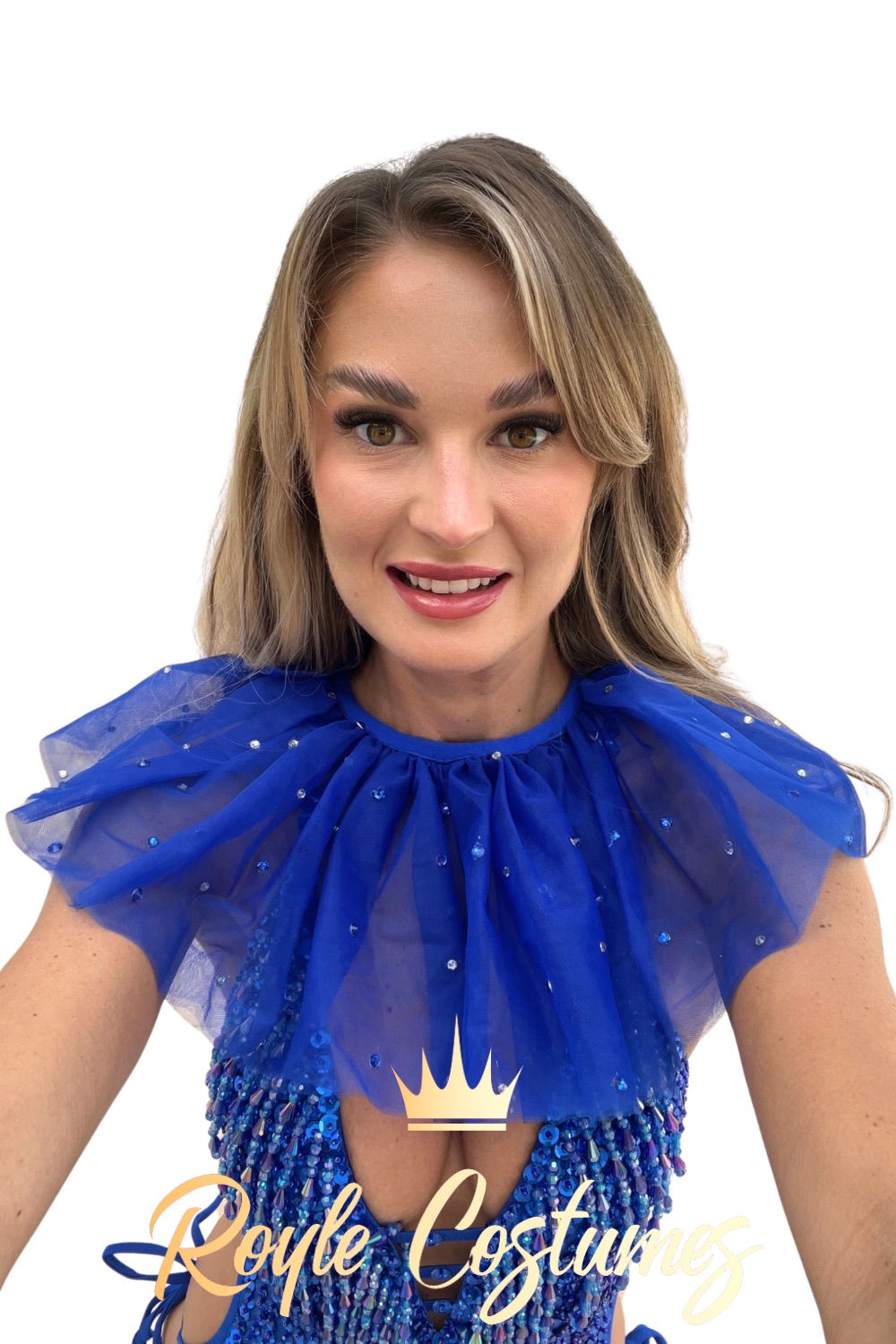 Royal blue rhinestone neck ruffle with blue and silver crystals front view