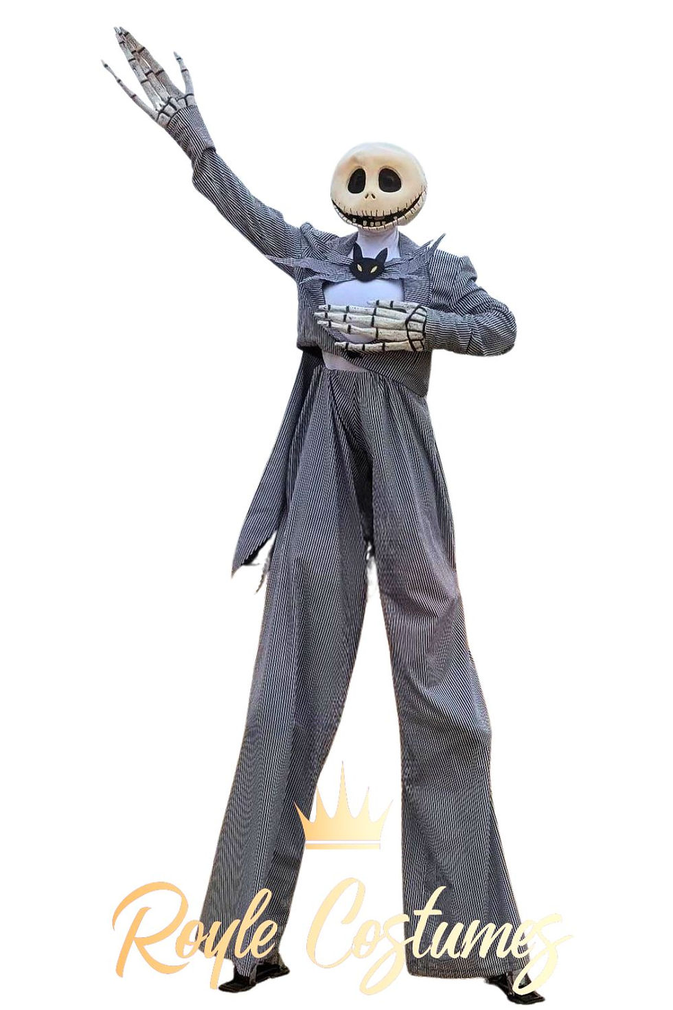 Thumbnail: Finished custom Jack Skellington stilt trousers displayed on stilts for circus parade performance costume