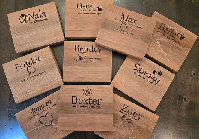 Custom engraved wood urns for pets, including pet's name, date of passing and image