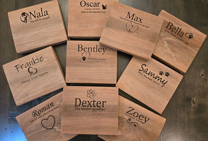 Custom engraved wood urns for pets, including pet's name, date of passing and image