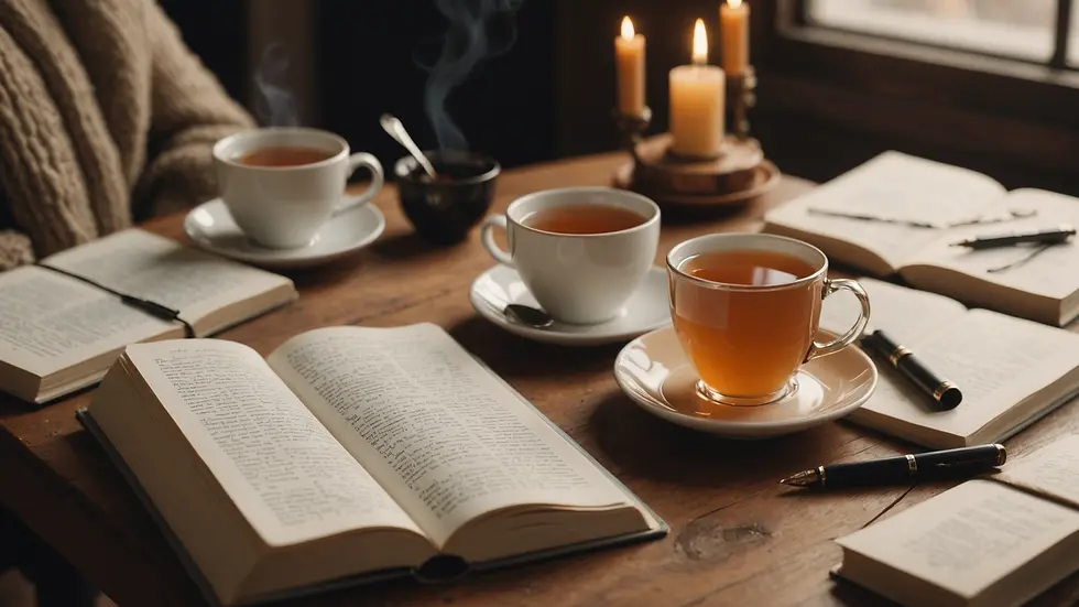 Close-up view of a cozy setting with a cup of tea and a journal