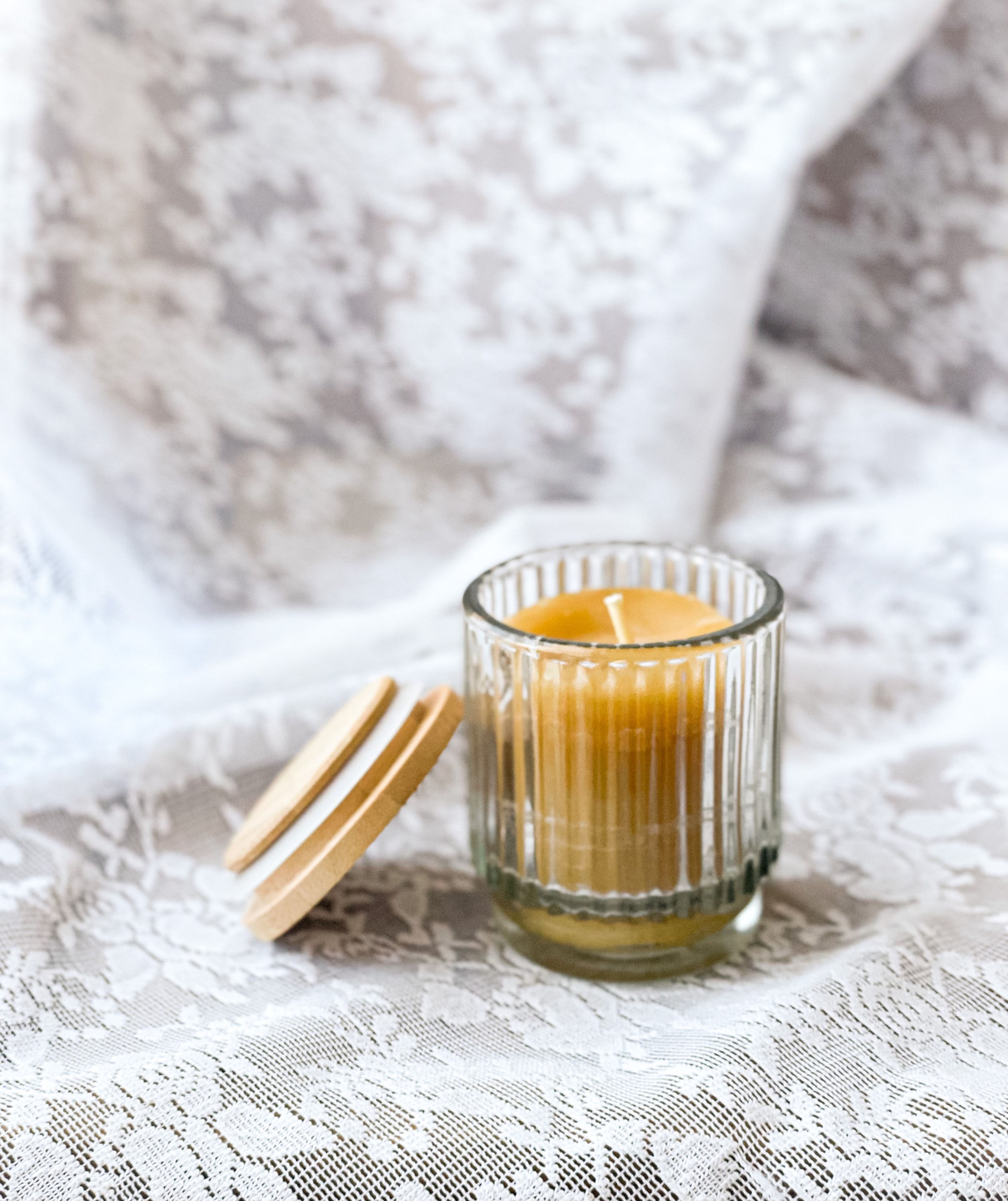 Ribbed Glass Beeswax Candle 