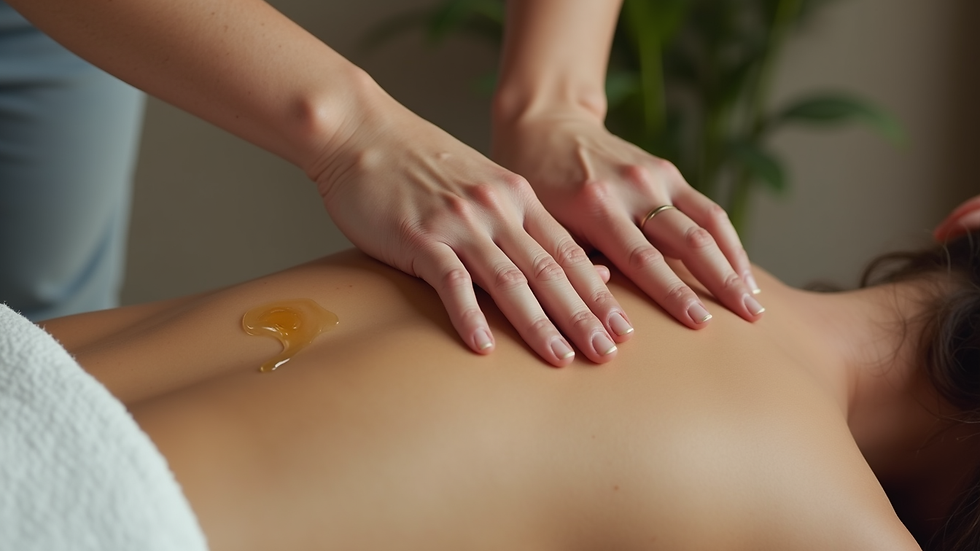 Close-up view of massage therapist’s hands applying oil on a client’s back