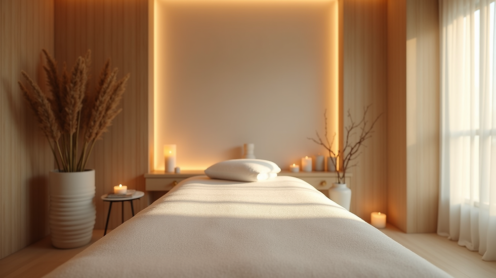Eye-level view of a serene massage room with soft lighting and calming decor