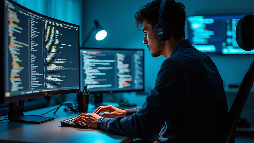 Wide angle view of a digital workspace illustrating coding concepts