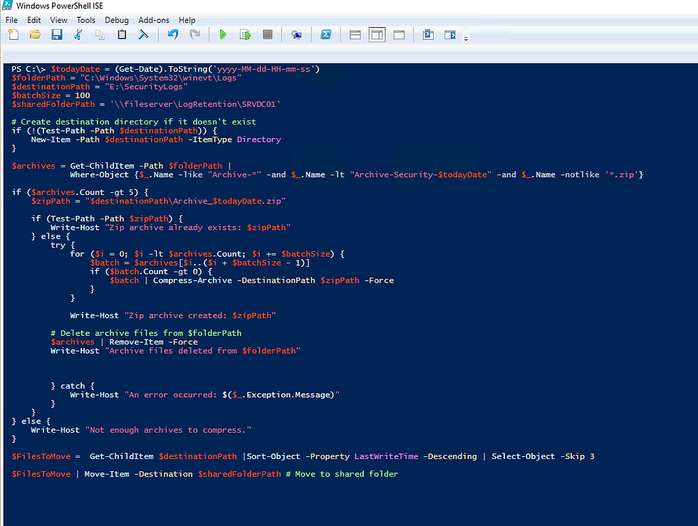 Sample script to automate file backups of Archived security logs using PowerShell scripts.