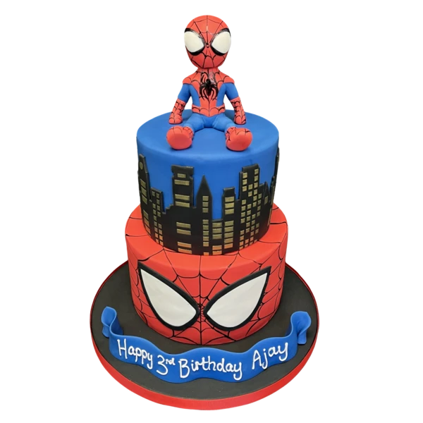 Bespoke Spidey and His Amazing Friends cake with colorful superhero figures, Solihull, West Midlands celebration.