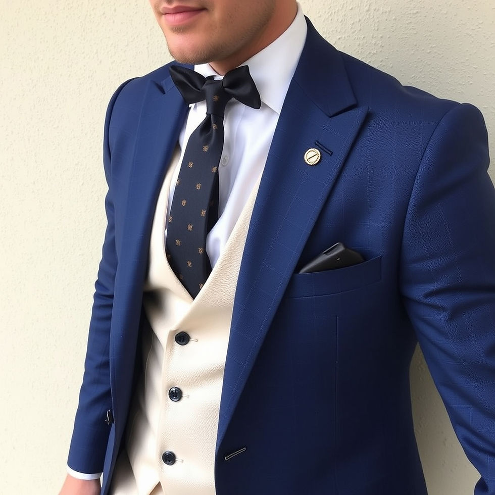Man in a blue suit with cream vest and black bow tie poses against a beige wall, looking polished and formal.