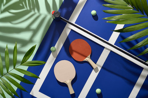 A flatlay image of a table tennis court with paddles and balls laying on top and tropical fronds casting a shadow