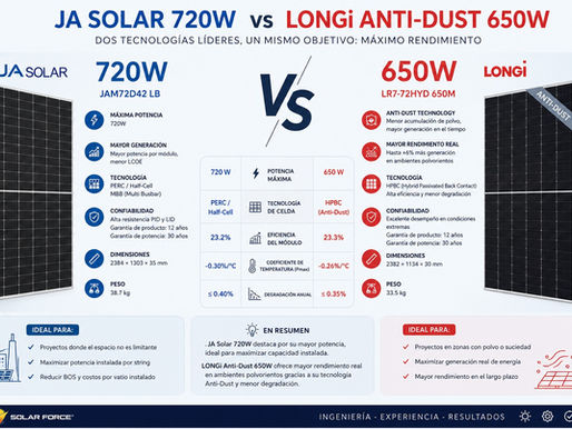 Comparación entre panel solar JA Solar de 720W y panel LONGi Anti-Dust de 650W para instalaciones fotovoltaicas.