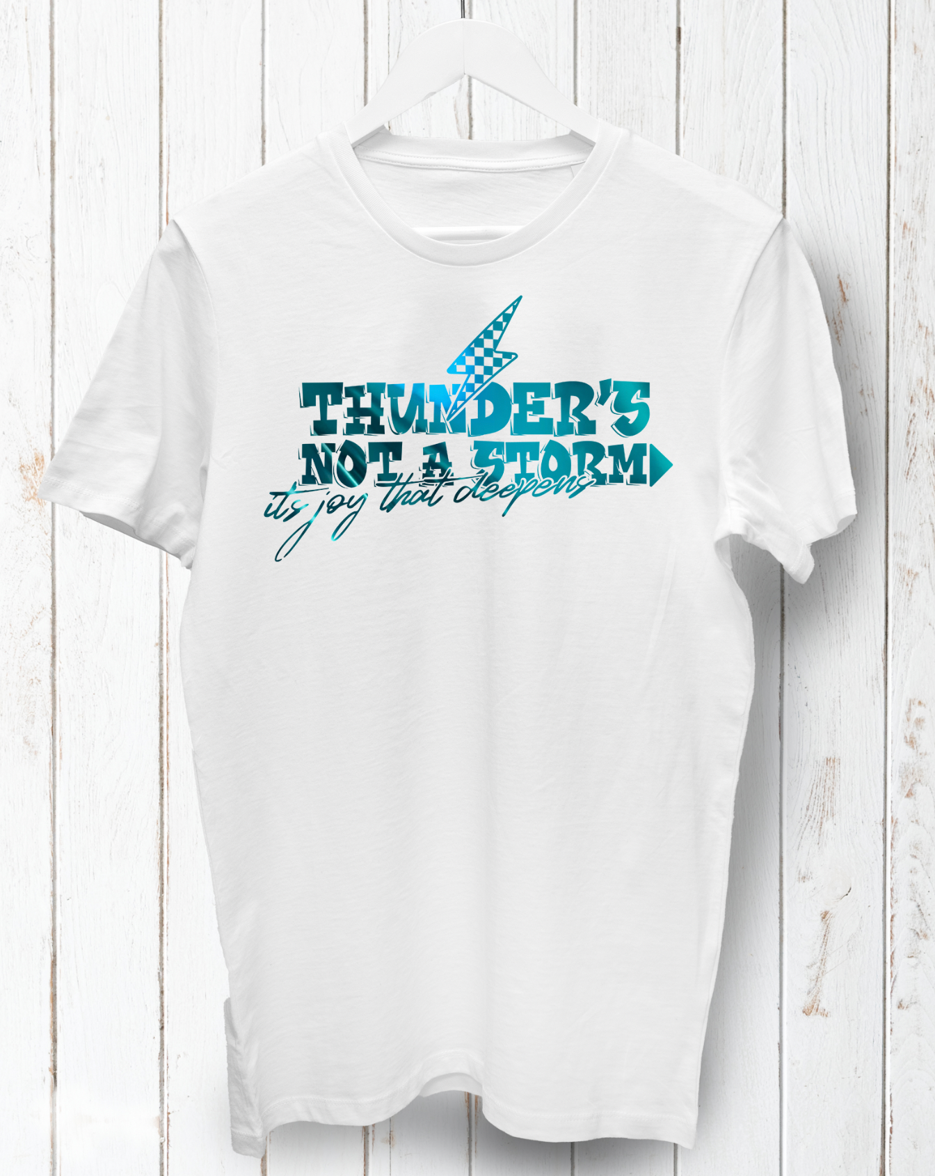 "Thunder's Not a Storm in Teal Foil" White Unisex Tee