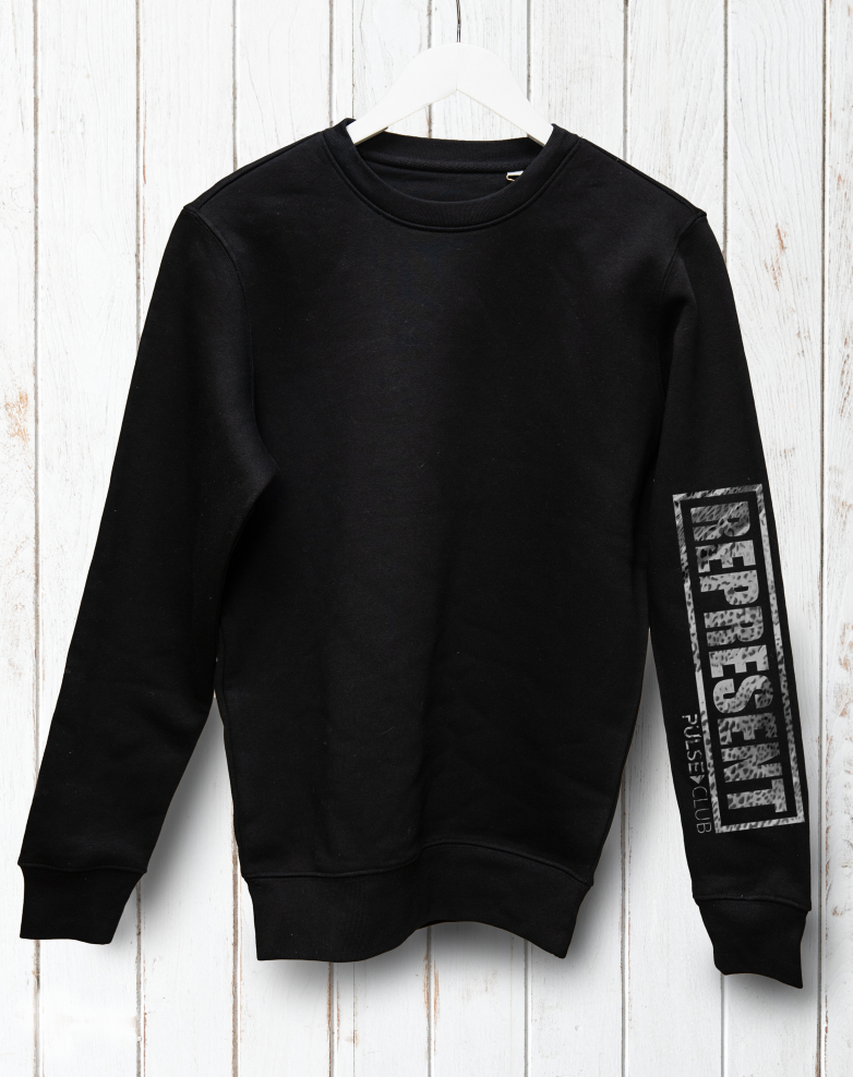 "Represent in Silver Leopard Foil" Black Sweater