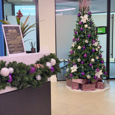 Office Christmas tree hire and festive reception decoration in Surrey featuring purple, silver and white styling.