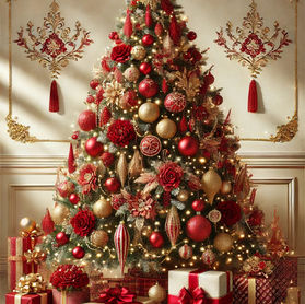 beautifully decorated Christmas tree featuring red and gold ornaments set against a cream-colored background, creating a warm and elegant holiday atmosphere. Let me know if you'd like any further adjustments