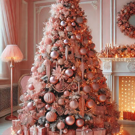 full-length image of a pink Christmas tree fully decorated with elegant pink ornaments and rose gold accents