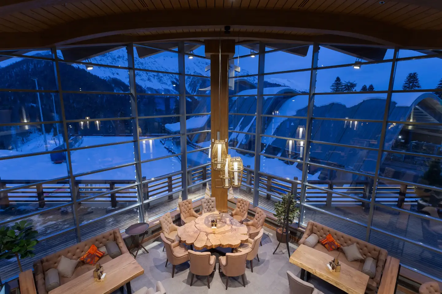 restaurant with a night mountain view