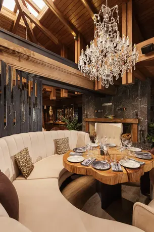 Luxury chalet restaurant design with crystal chandelier
