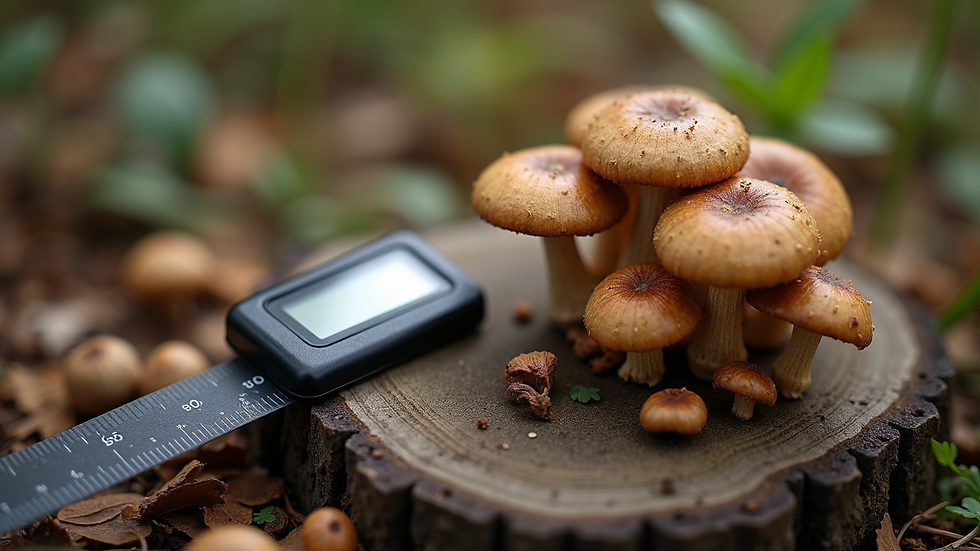 High angle view of a digital scale measuring dried mushrooms
