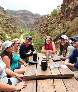 A small group of people enjoying a guided outdoor activity together — hiking, kayaking, or