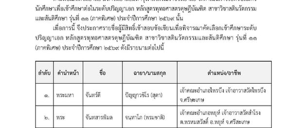 ประกาศรายชื่อผู้มีสิทธิ์เข้าสอบเพื่อพิจารณาคัดเลือกเข้าศึกษาระดับปริญญาเอกหลักสูตรพุทธศาสตรดุษฎีบัณฑิต สาขาวิชาสตินวัตกรรมและสันติศึกษา รุ่นที่ 11 (ภาคพิเศษ) (รอบที่ 1)