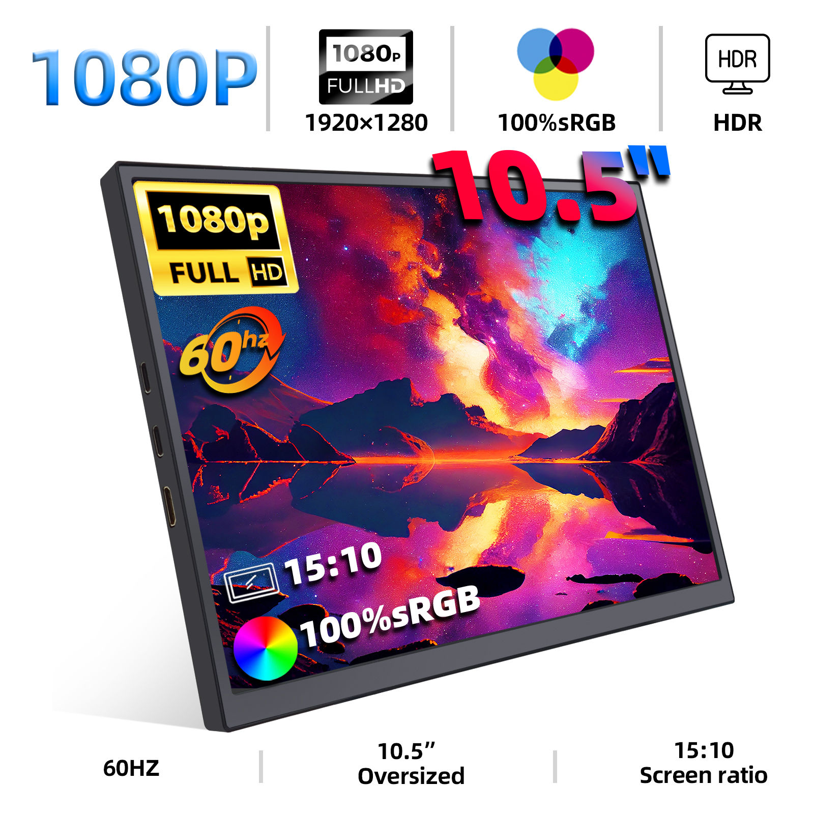 ZSUS 10.5-Inch Portable Monitor 1280P 100%sRGB 15:10 Low Blue Light For XBox PS4